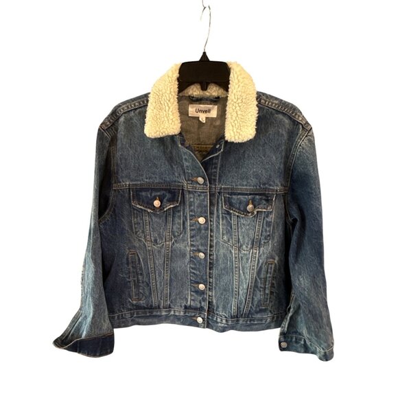 Vintage Unveil Sherpa Lined Denim Jacket Size L Faux Shearling Collar Streetwear - Picture 5 of 9